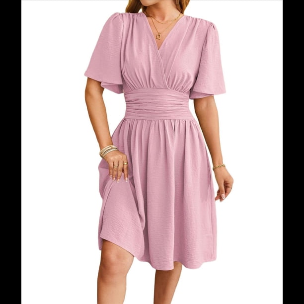Vestido de Mujer de Verano 2025, Elegante Minivestido con Volantes y Escote en V Profundo, Vestidos A la Cintura Rosa S