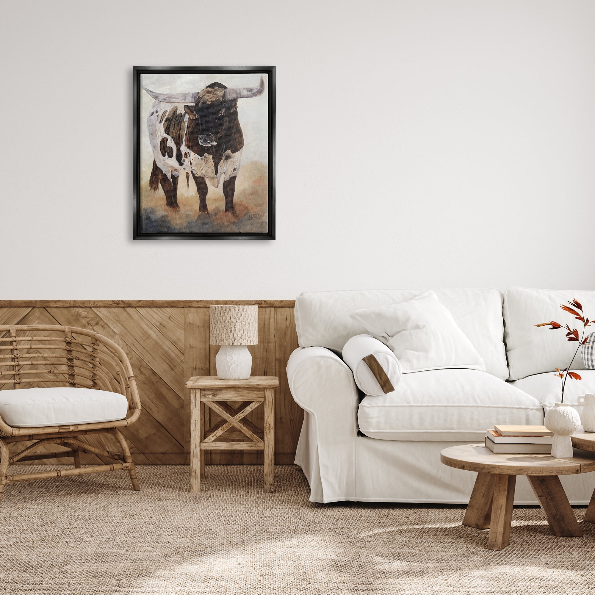 Stupell Industries Longhorn Cattle Painting Animals & Insects Painting Black Floater Framed Art Print Wall Art, 25 x 31