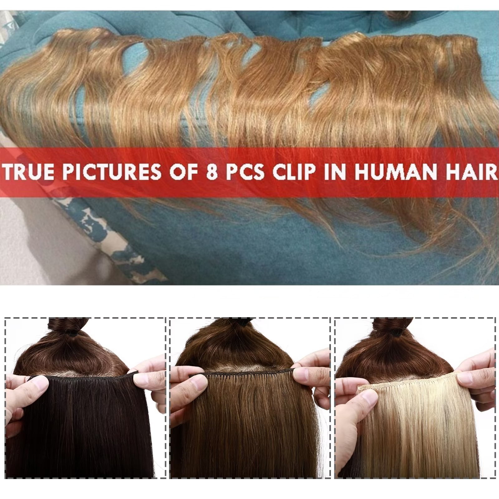 MY-LADY 8Pcs 18Clips Clip in Hair Extensions Human Hair for Women Double Weft Brazilian Remy Straight Human Hair Clip in Hairpiece 14inch #27 Dark Blonde