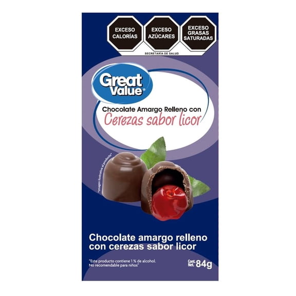 Chocolate amargo Great Value relleno con cerezas sabor licor 84 g