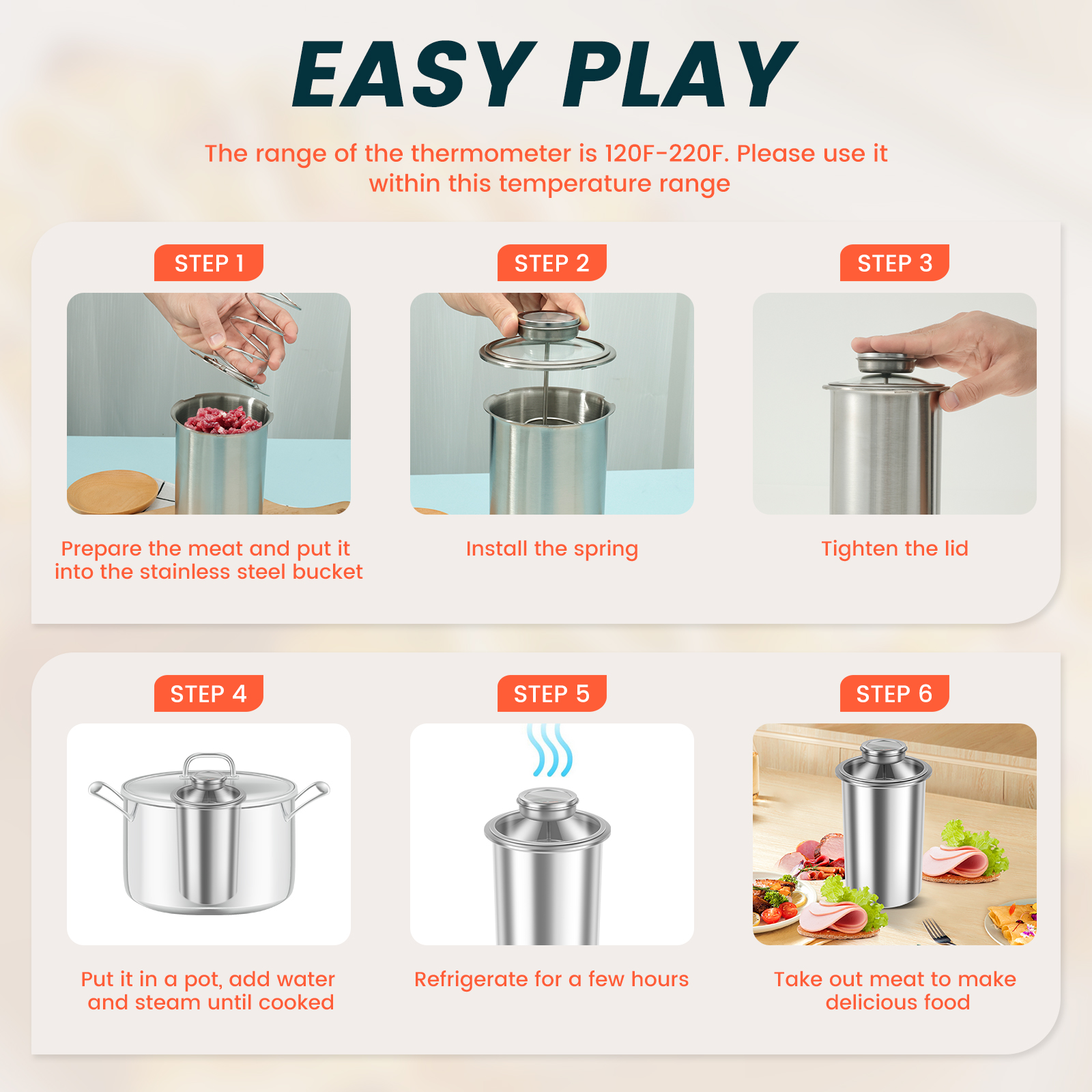 Ham Maker Meat Press with Thermometer Stainless Steel Meat Press Mold Dishwasher Safe Deli Meat Press Multifunctional Ham Press with Spring Ham Press Cooker for Meat Kitchens