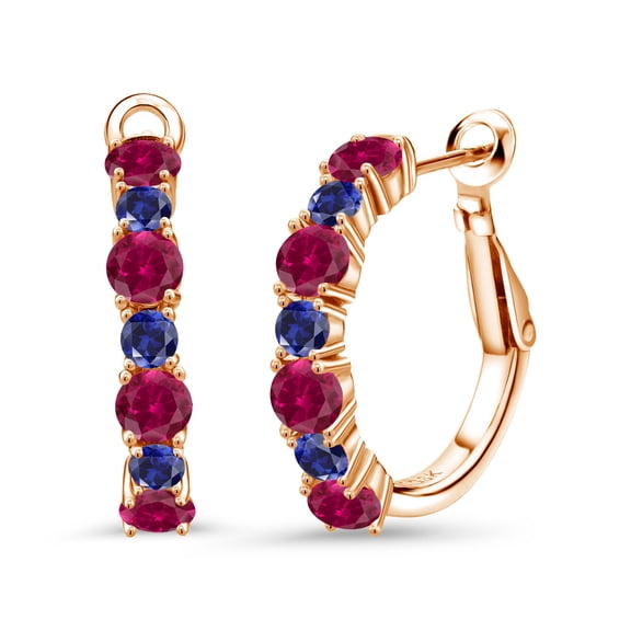 Gem Stone King 18K Rose Gold Plated Silver Red Created Ruby and Blue Created Sapphire Hoop Earrings for Women (5.12 Cttw, Gemstone July Birthstone, Round 4MM and 3MM)