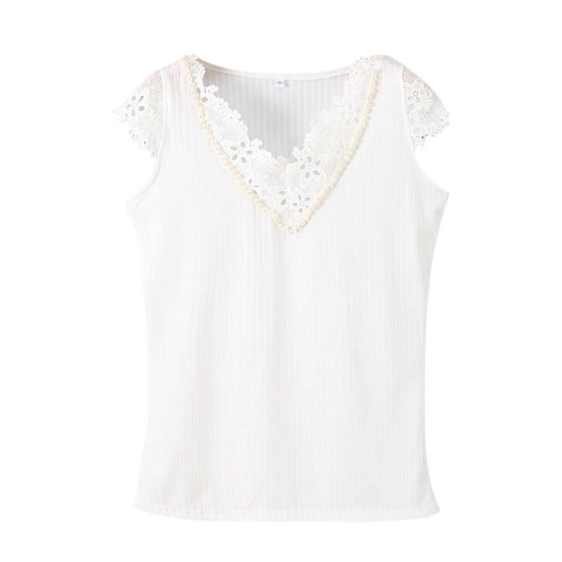 V-Neck For Ladies T-Shirt Lace Beaded 