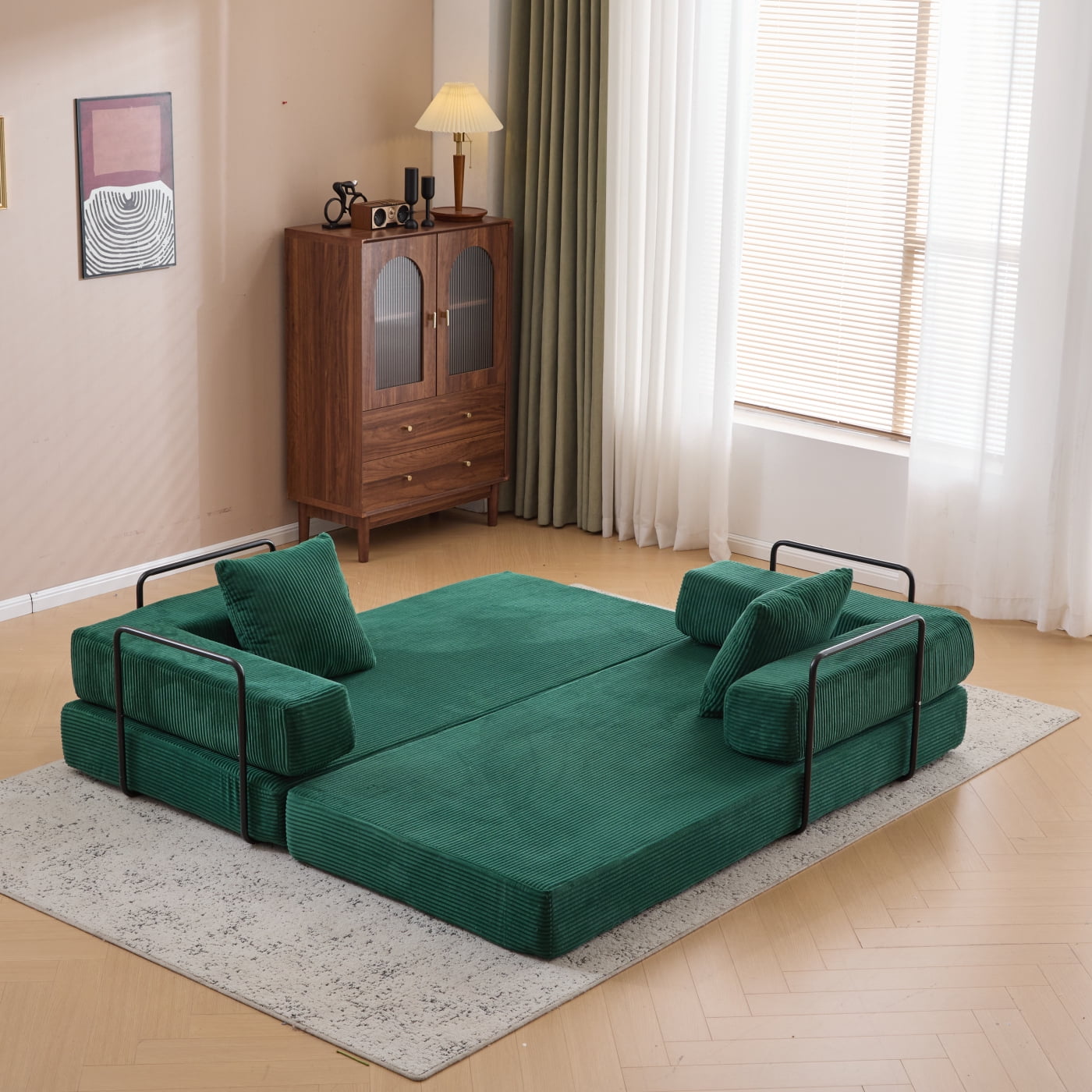 Jopath 76 Inch Convertible Sleeper Sofa Bed,Folding Floor Mattress Couch with Fixed-Shape Frame,Futon Boneless Couch Lounge Loveseat with Pull Out Bed, No Assembly Required,Dark Green+Corduroy