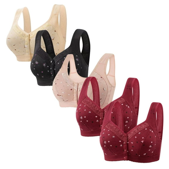 REORIAFEE Front Closure Bras Women 5PC Wireless Full-Coverage Bra Supportive Gather Breathable Underwear Wide Shoulder Straps Comfort Soft Lingerie Beige L