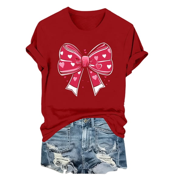Spring Summer Date Night Wear – Women's Chic Printed Tee with Bow Design, Casual Short Sleeve Round Neck Top for Valentine's Day Theme Romantic Cute Outfits