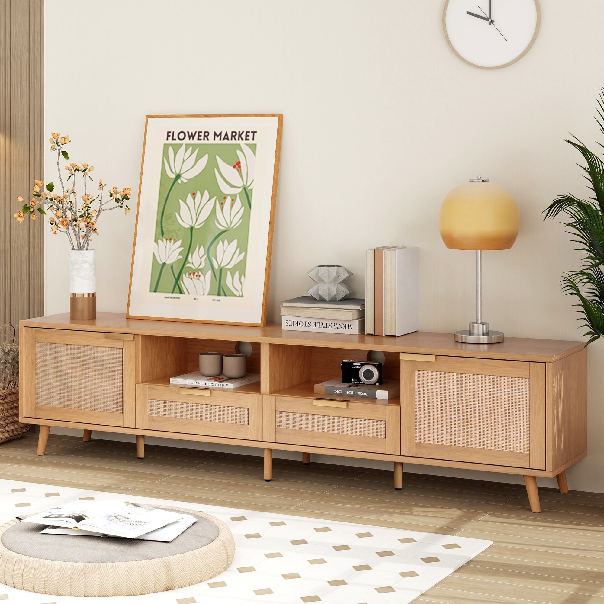 TV Stand for TVs up to 85 Inch, Rattan Media Console with Storage Cabinets & Open Shelves, Entertainment Center with Solid Wood Legs for Living Room