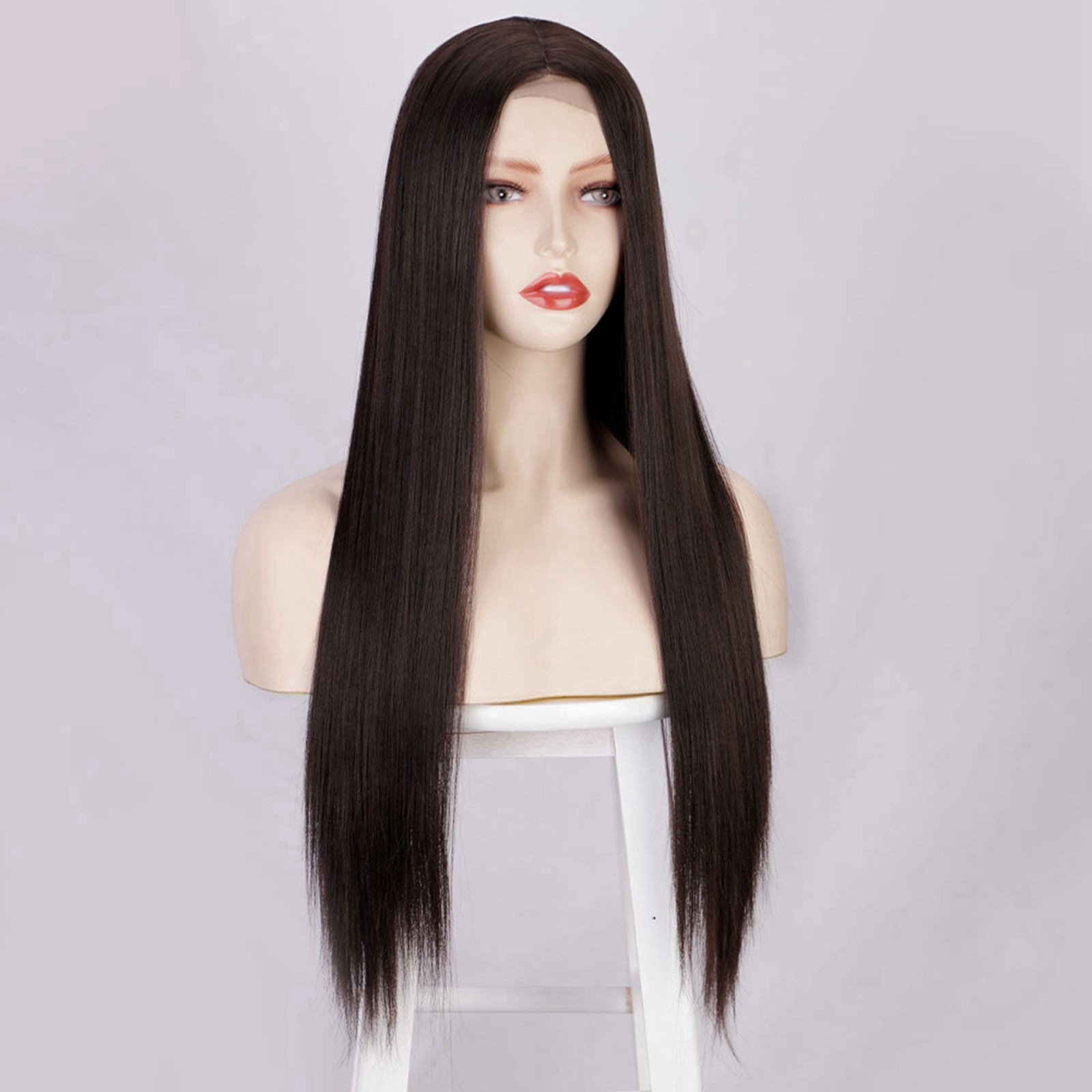 European Human Hair Blend Long Straight Lace Front Wig Middle Part Natural Synthetic Fiber Headpiece For Women