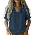 thumbnail image 5 of Yrmaups Loose Fit Short Sleeve T Shirt for Women, Casual V Neck Ruffle Blouse, Soft Stretch Everyday Tee for Beach Travel Office Daily Wear, Navy M, 5 of 9