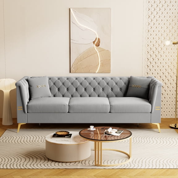 Modern Tufted Velvet Sofa with 2 Pillows, 82.67" Mid-Century 3-Seater Couch with Gold Metal Legs, Elegant Chesterfield-Style Upholstered Sofa for Living Room, Apartment, or Office (Light Grey)