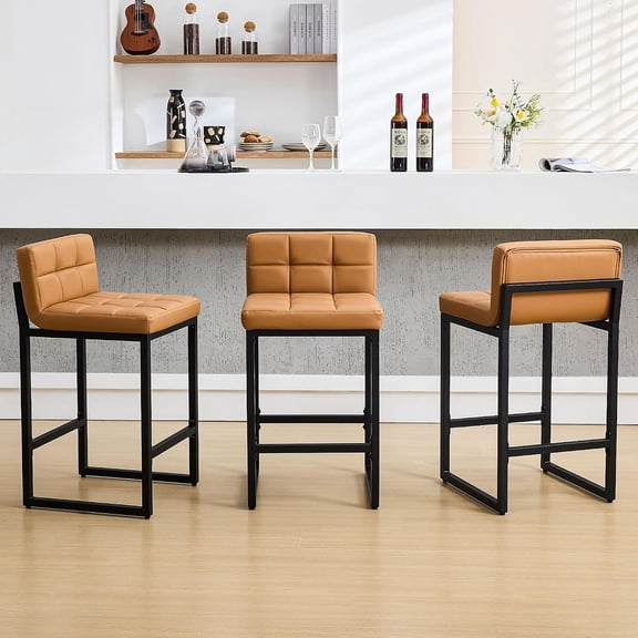Bar Stools Set of 3, Upholstered PU Leather Counter Height Barstools with Low Back and Thickened Metal Legs, Modern Island Chairs for Kitchen Island (Caramel Brown, 3Pcs 26" Counter Stools)