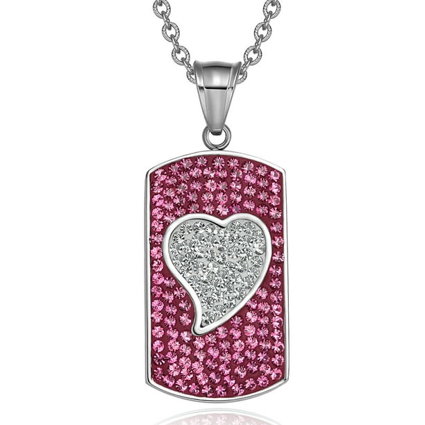 Magic Heart Austrian Crystals Amulet Love Energy Fuscia Pink and White Dog  Tag Pendant 22 Inch Necklace