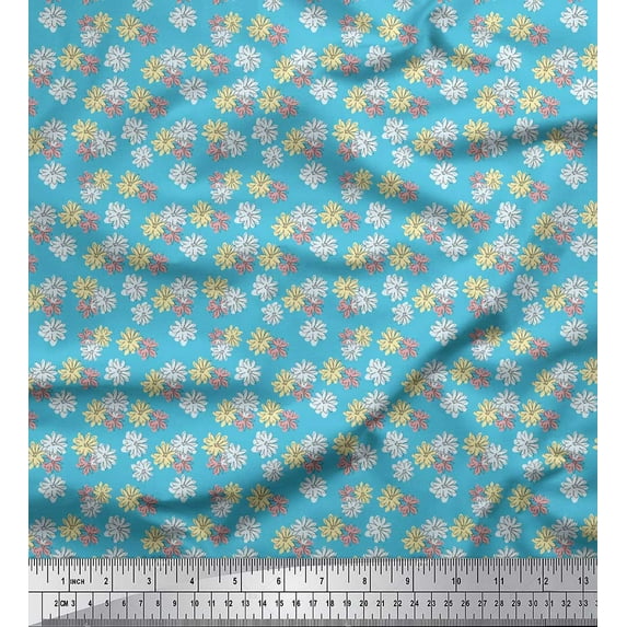 Soimoi Blue Cotton Poplin Fabric Daisies Floral Printed Craft Fabric by the Yard 58 Inch Wide