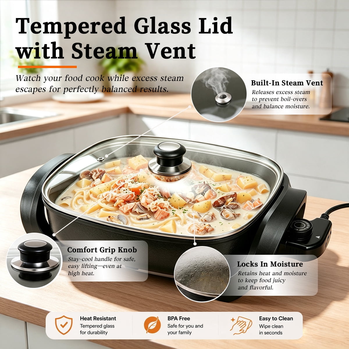 12 Inch Electric Frying Pan with Glass Lid, 5L Non-Stick Skillet, 1500W Fast Heating with Adjustable Temperature Control