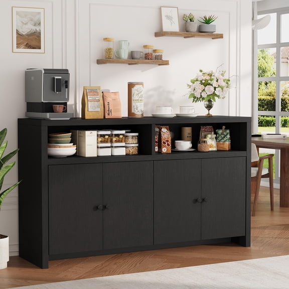 Buffet Sideboard Cabinet with Storage, 55" Large Farmhouse Kitchen Storage Cabinet with 4 Doors & Adjustable Shelves, Wood Coffee Bar Cabinet for Kitchen, Dining Room, Living Room