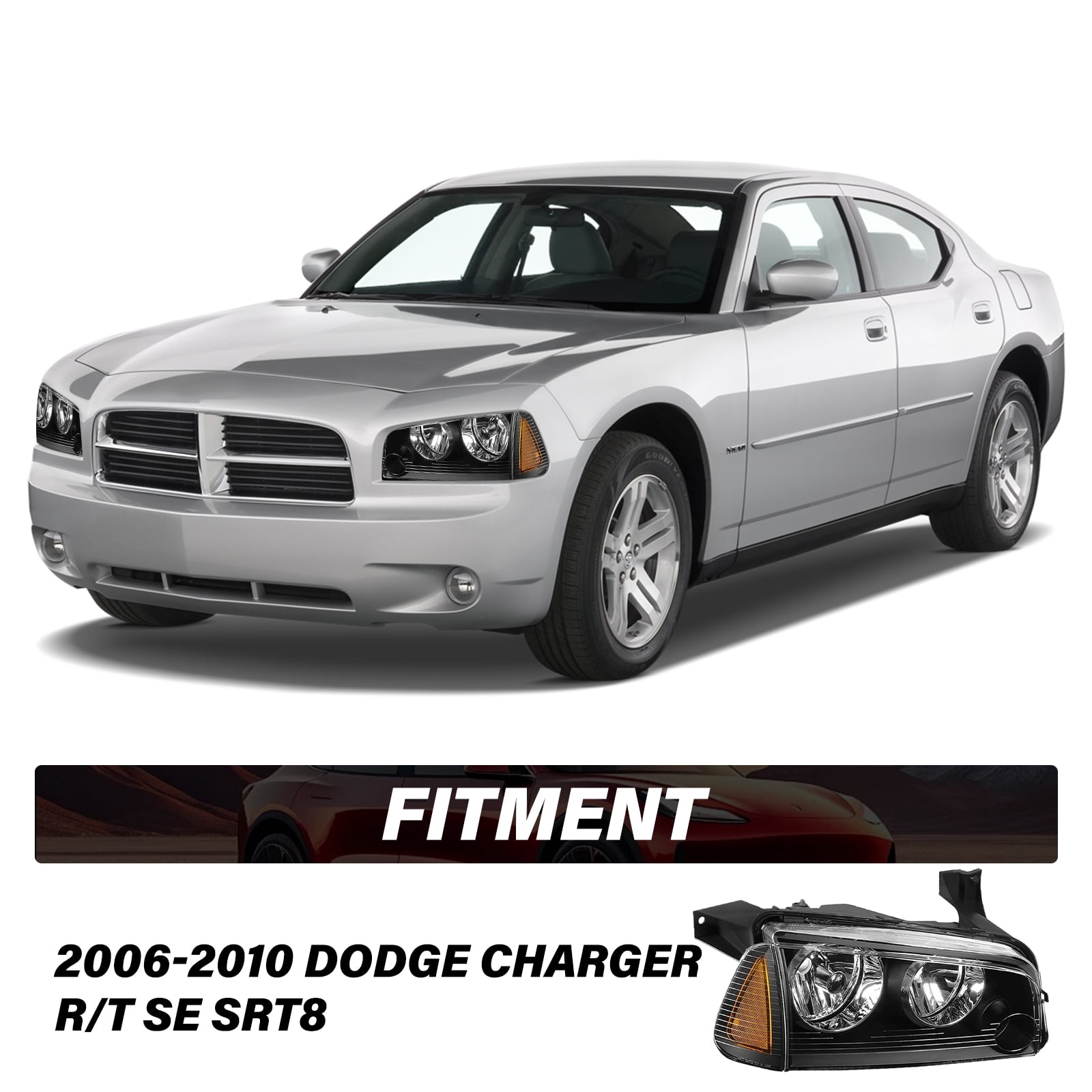 For 2006-2010 Dodge Charger Headlights Black Housing Amber Corner Lamps LH & RH
