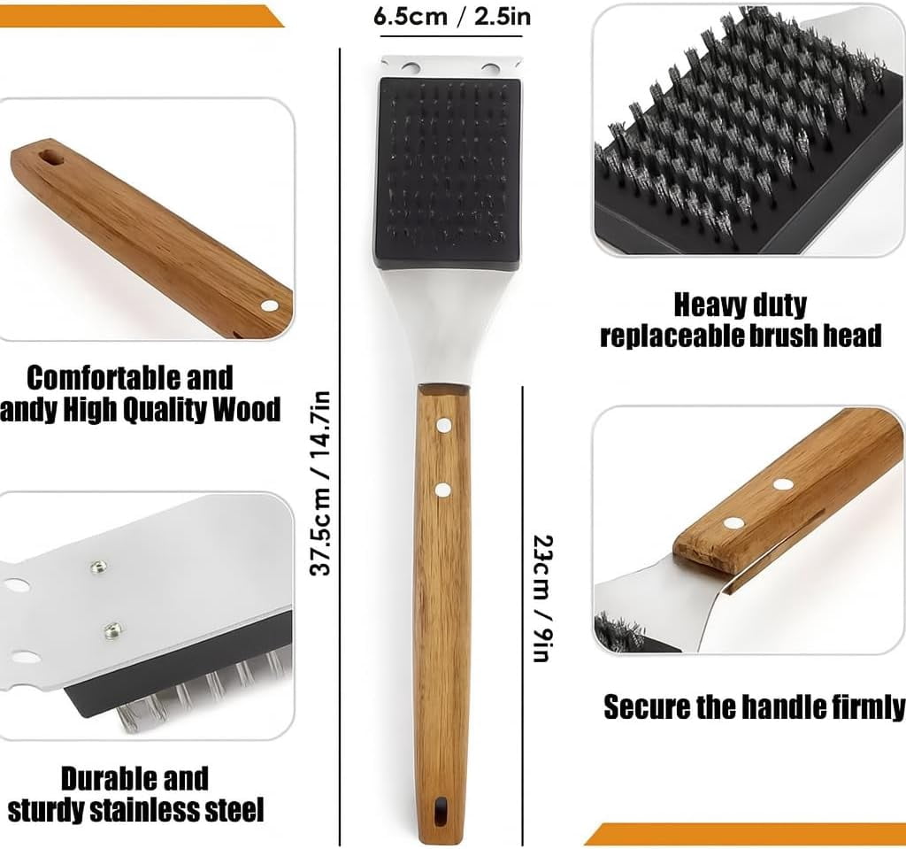 Grill Brush and Scraper – Heavy Duty BBQ Cleaner with Stainless Steel Bristles, Solid Wooden Handle & Leather Strap Barbecue Cleaning Tool for Gas, Charcoal, Smoker Grates