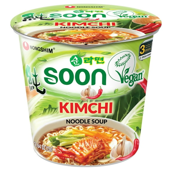 Nong Shim Vegan Soon Kimchi Noodle Soup Cup, 2.64oz, Pack of 6