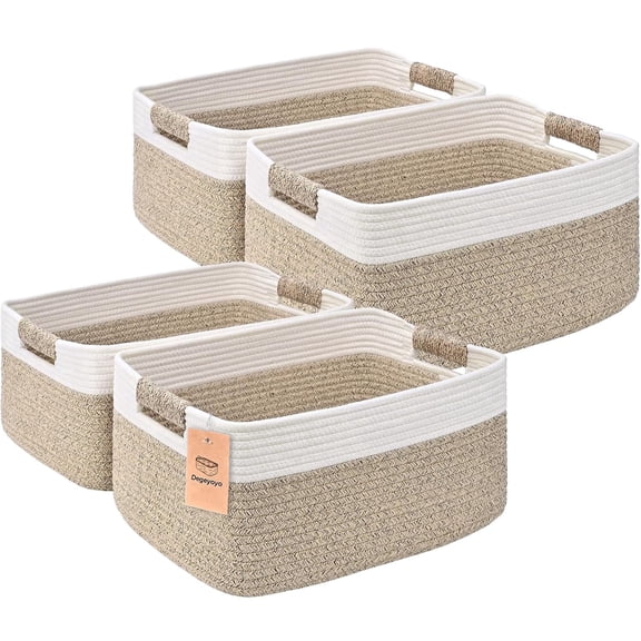 Natubeau 4 Pack Woven Storage Basket for Shelves, 29L Large Cube Storage Bins, Cotton Rope Woven Baskets for Organizing, White&Jute, 17.5"D x 13"W x 7"H