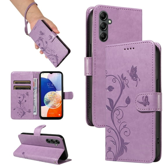 TECH CIRCLE Wallet Case For Galaxy A13 4G, Emboss Flower Premium PU Leather Magnetic Card Slots Flip Protective Kickstand Case with Wrist Strap for Samsung Galaxy A13 4G 6.6" 2022,Purple