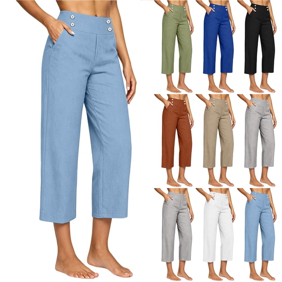 Bloomae Capris for Women with Pockets Lightweight Soft Cotton Linen Button Elastic High Waisted Dressy Casual Cropped Trousers Trendy Summer Capri Pants with Pockets