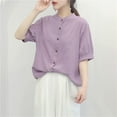 thumbnail image 4 of Fznquz Women Tops Button Down Summer Elbow Sleeve Shirts Casual Purple Plain Dressy Shirts, 4 of 5