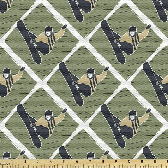 Ski Pattern Fabric by the Yard, Snowboard Man Jumping Pose on Diagonal Squares Symmetric Design, Decorative Upholstery Fabric for Chairs & Home Accents, 10 Yards, Army Green and Dark Grey by Ambesonne