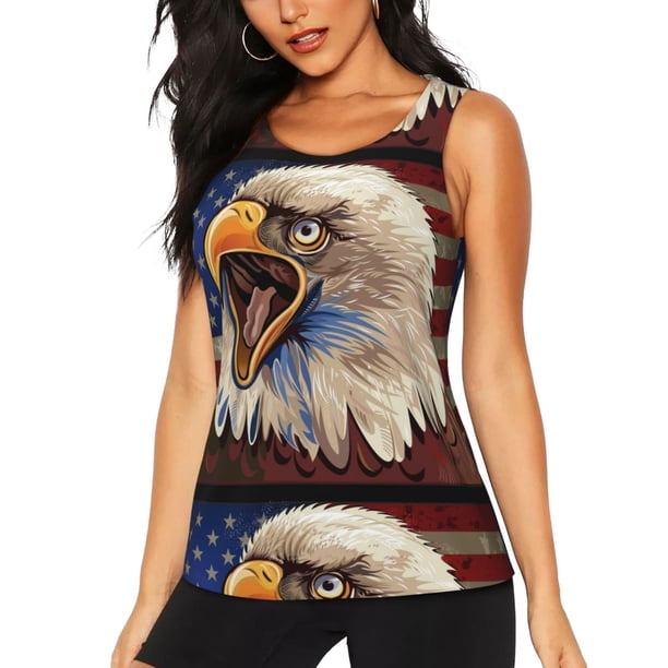 Fotbe Eagle With USA Flags Blusas Sin Mangas para Mujer – Estilo Casual, Corte Suelto, Slim-Fit, Cuello Redondo Deportivo, Tops de Verano para Gimnasio y Yoga-Large