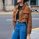 thumbnail image 5 of Gibobby Chaquetas de mujer ligeras largas Chaqueta tipo cárdigan de pana con cuello vuelto y bolso de acordeón de un solo pecho para mujer, chamarra de holgado a la moda (Marrón, M), 5 of 5