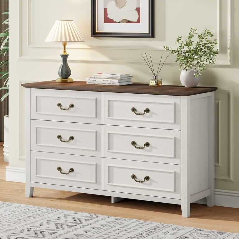 GIKPAL White Farmhouse Dresser, 6 Drawers, Oak Finish, Antique Bronze  Handles, Bedroom Storage - Walmart.com