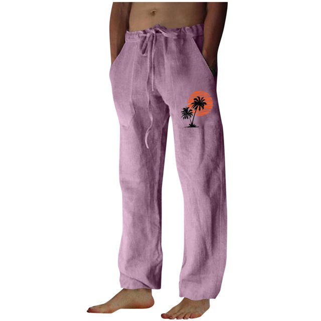 Penkiiy Mens Linen Drawstring Pants Elastic Waist Lightweight Trouser Loose Plus Size Trouser Fashion Beach Pockets Pant S Purple