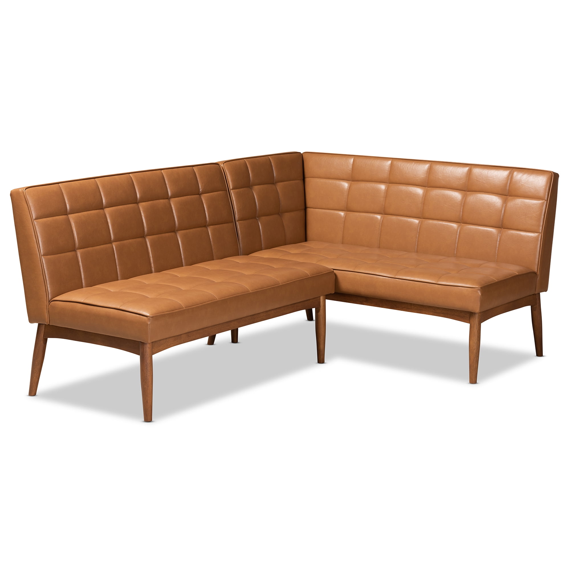 Baxton Studio Sanford 2 Piece Mid Century Faux Leather Dining Nook Banquette Set, Walnut Brown