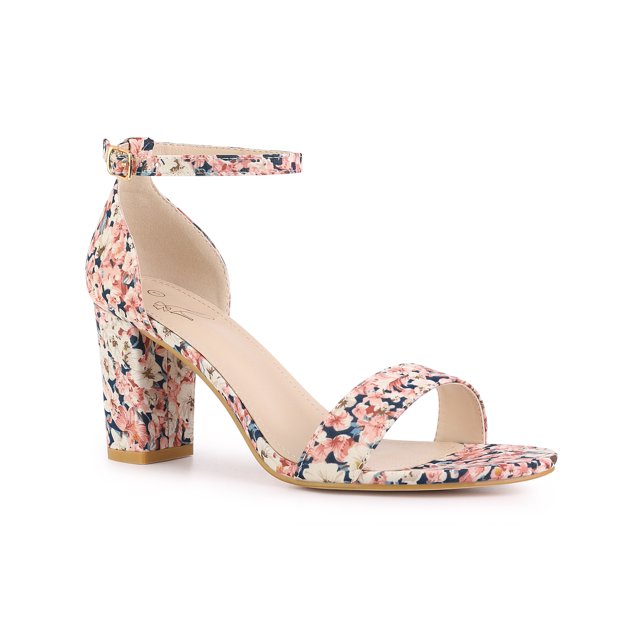 BLISSFUL STEP Women's Shoes Floral Printed Chunky Heel Ankle Strap Open Toe Block Heel Dress Sandals Blue pink Flower 6