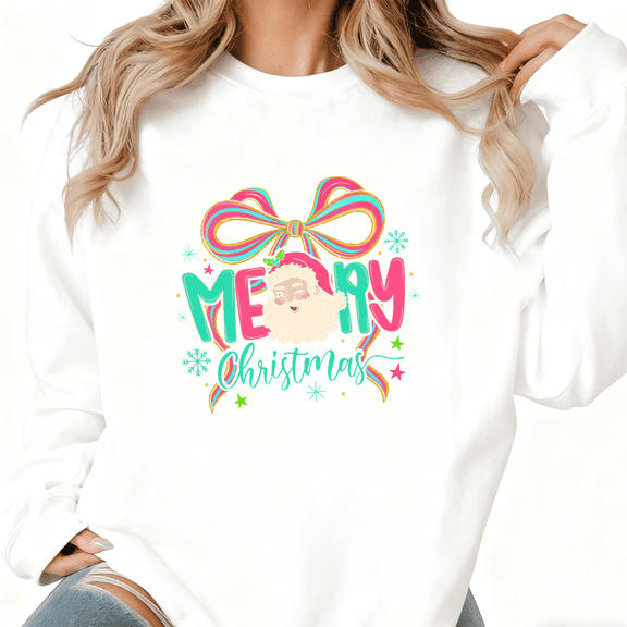 White Festive Merry Christmas Santa Bow Neon Graphic Print Sweatshirt S-3XL Christmas Tops