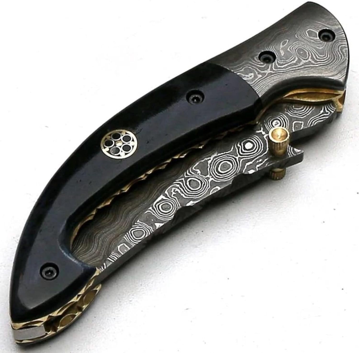 Poshland FNA-32 Handmade Damascus Steel Folding Knife with Black Colored Bone Handle & Sheath