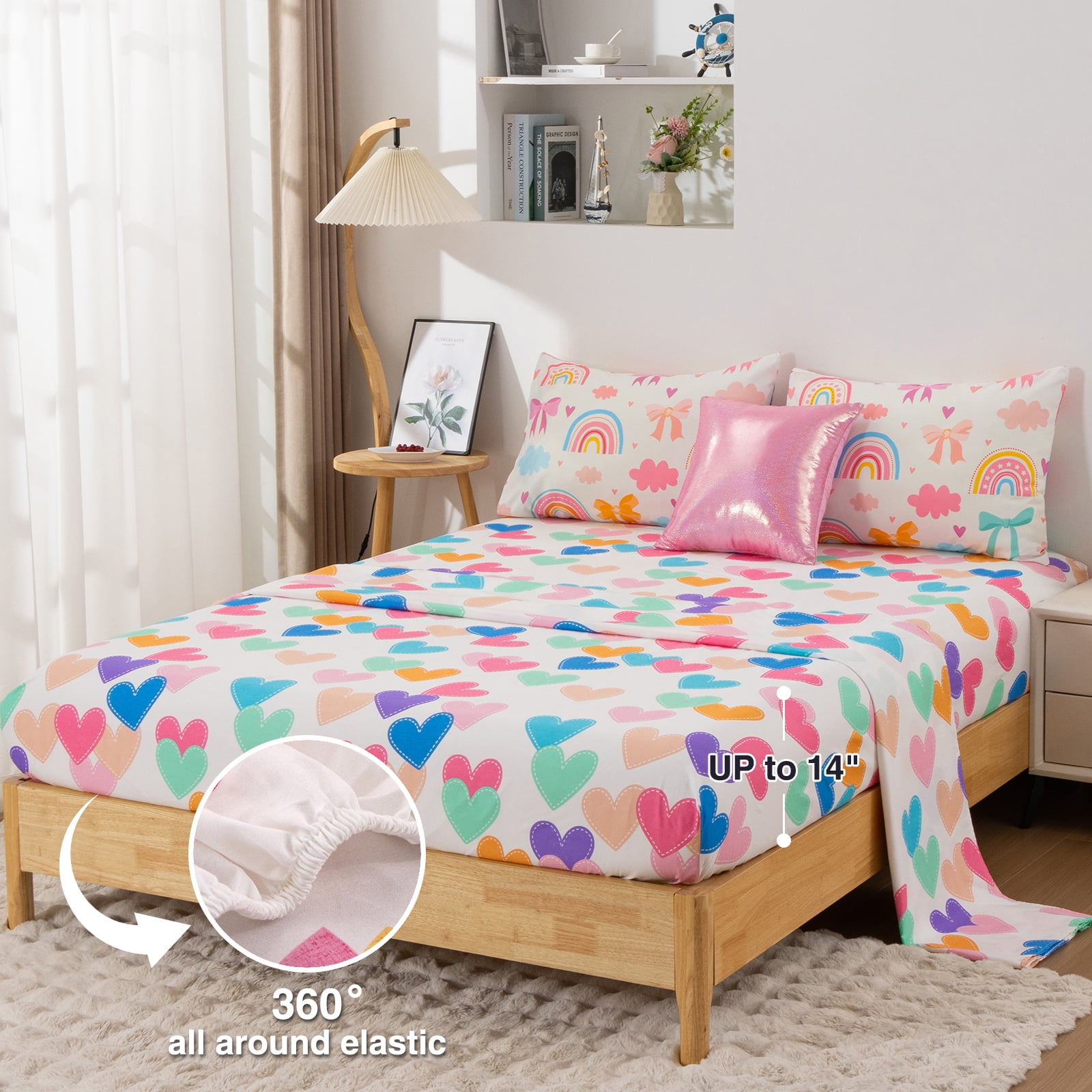 Btargot 6-piece Bows Rainbow Full Comforter Set for Girls Kids Cute Bowknot Bedding Set Bed-in-a-Bag