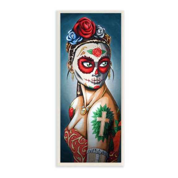Stupell Industries Day Of Dead Skull Face Painting Roses Tattoos Wood Wall Art, 7 x 17, Design by Amy Brinkman