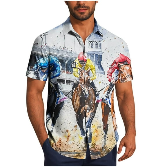 ZCFZJW Summer Beach Hawaiian Shirts for Men Lightweight Casual Short Sleeve Button Down Horse Racing Graphic T-Shirts Trendy Holiday Beach Tees Tops Multicolor#01 L