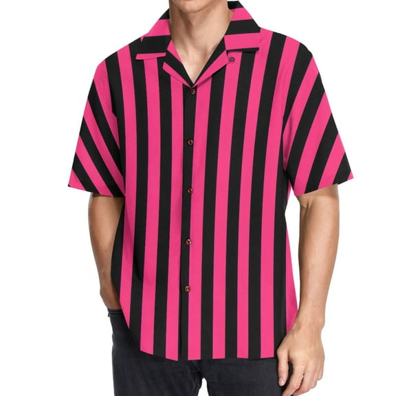 joogoo Men's Hawaiian Shirt Pink and Black Stripe Pattern Short Sleeve Casual Button Down Shirts M
