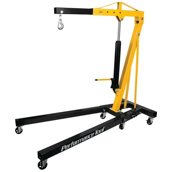 Performance Tool W41049 1-Ton Foldable Shop Crane - Fold-Up Legs, 2,000-Lb. Capacity, Load-Limiting Safety Valve, Yellow