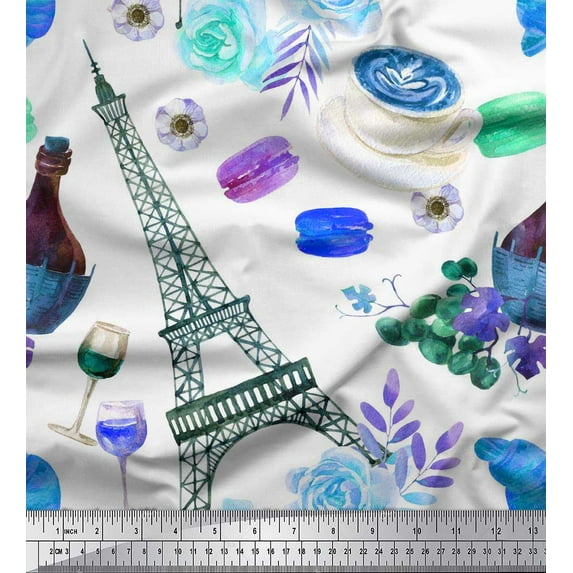Soimoi Cotton Voile Fabric Eiffel Tower,Floral & Wine Glass Fashion Printed Craft Fabric by The Yard 56 Inch Wide