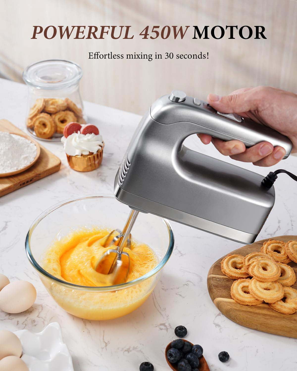 Hand Mixer, 450W Handheld Mixer with Storage Case 5-Speed Plus Turbo Hand Mixer Electric With 5 Stainless Steel Attachments(2 Beaters, 2 Dough Hooks and 1 Whisk), Silver