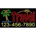 thumbnail image 1 of Travel with Phone Number LED Neon Sign 20 x 37 - inches, Black Square Cut Acrylic Backing, with Dimmer - Bright and Premium built indoor LED Neon Sign for Décor, Travel agency, Storefront., 1 of 7