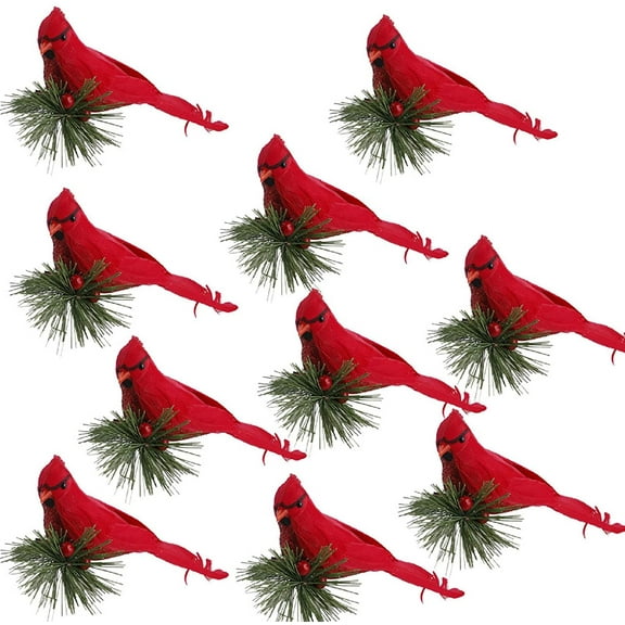 10Pcs Red Birds Cardinal Clip on Christmas Tree Decoration Red Cardinals Ornaments Artificial Birds with Pine Branches for Christmas Decorations, Winter Theme, Wreaths