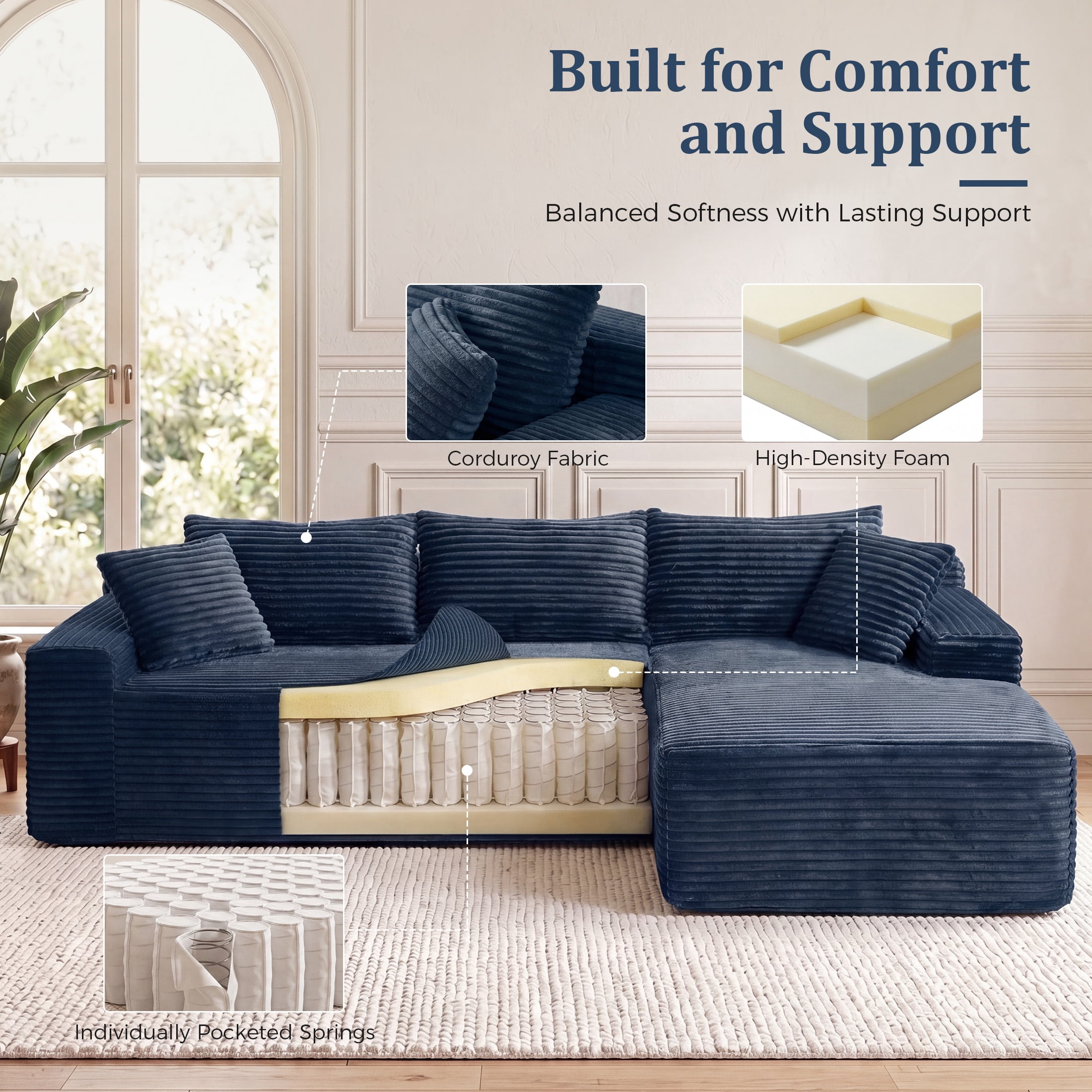 Aenkyo 95 Inch Corduroy L-Shaped Modular Sectional Sofa, Right Chaise, Blue