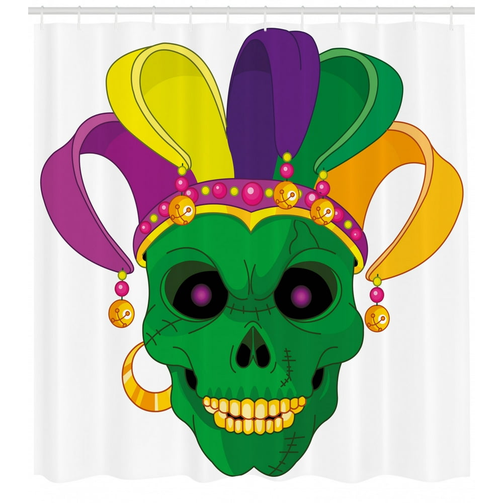 Mardi Gras Shower Curtain, Scary Looking Green Skull Mask with Carnival Hat Beads and Earring