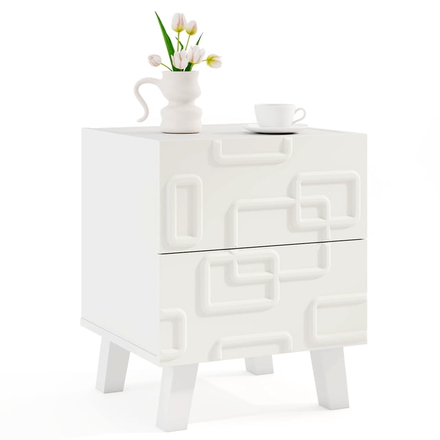 Gymax Mid Century Modern Bedside Table w/ 2 Storage Drawers & 3D Geometric Patterns