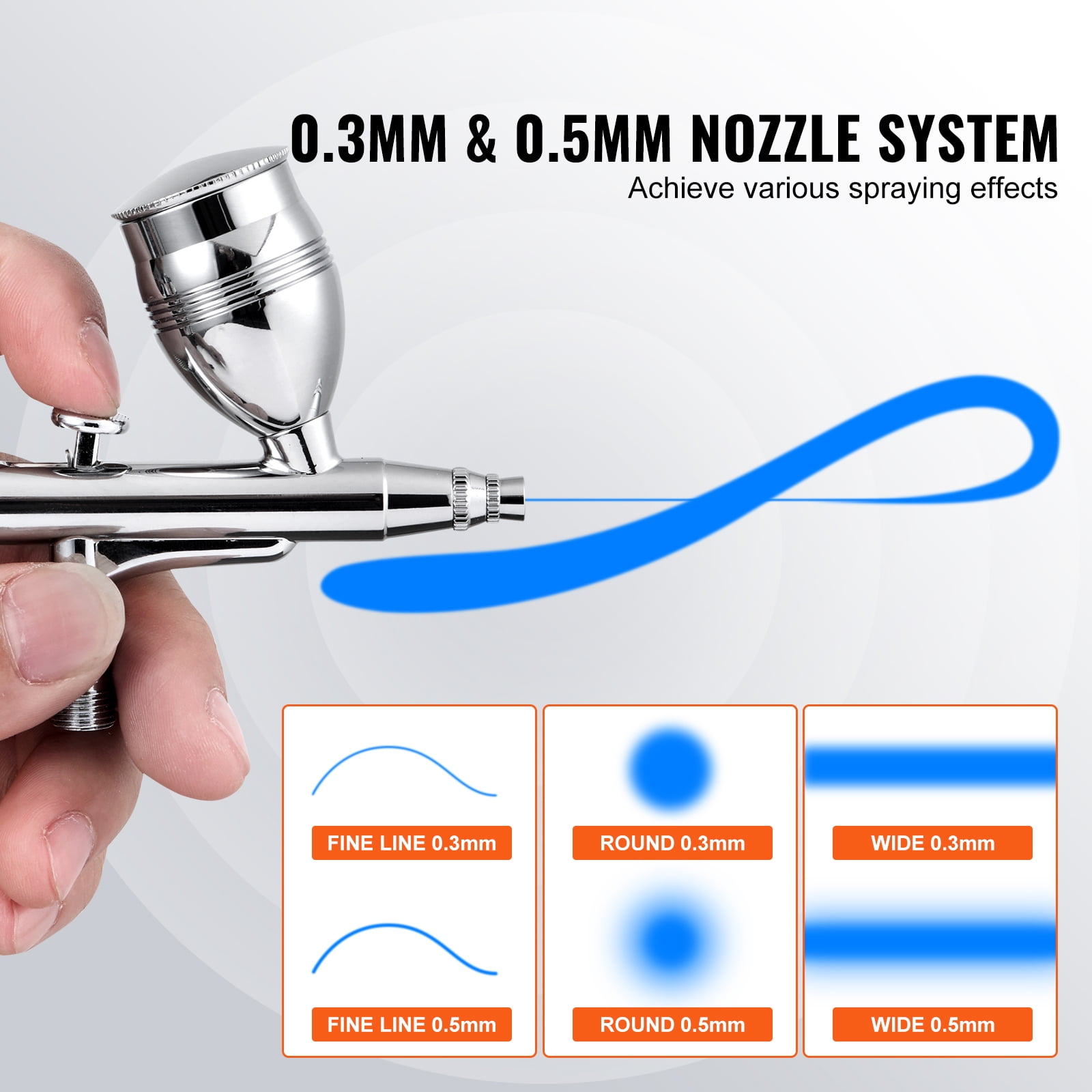 KFFKFF Dual-Action Airbrush, Gravity Feed, Includes 0.3 & 0.5 mm Nozzles, Kit with Copper Cups (2/7/12ml) & Cleaning Tools, Perfect for Model Painting, Dessert Decoration, Cake Design & Nail Art