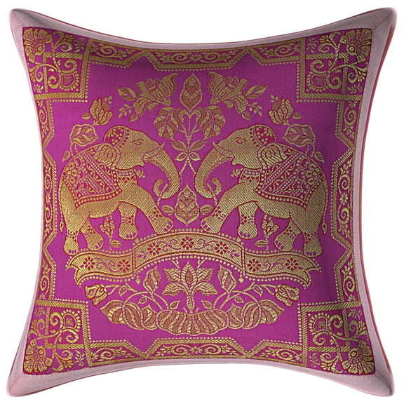 Stylo Culture Indian Cute Throw Pillow Covers Elephant Floral Blush Pink And Gold Throw Pillow Covers 12x12 Jacquard Weave Banarasi Sofa Brocade 30x30 cm Cushion Covers (1 Pc)