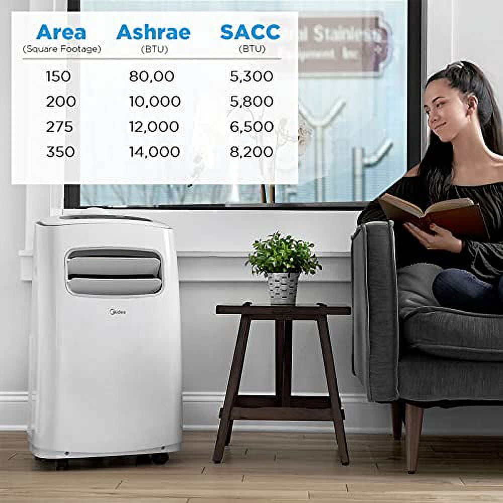 MIDEA MAP14S1CWT 3-in-1 Portable Air Conditioner, Dehumidifier, Fan, for Rooms up to 330 sq ft Enabled, 14,000 BTU DOE (8,200 BTU SACC) control with Remote, Smartphone or Alexa